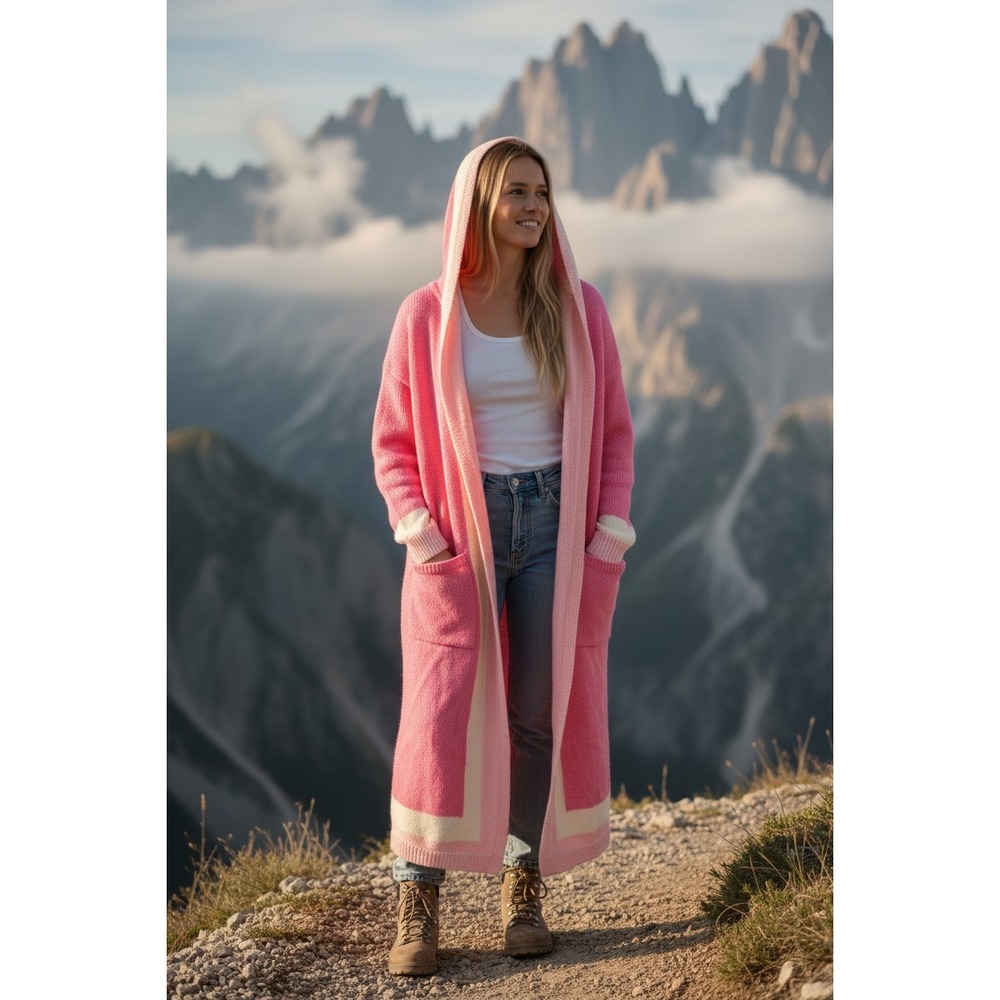 Womens Pink Longline Hooded Cardigan Open Front Oversized Duster Sweater OS